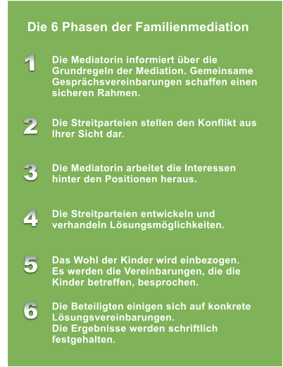 Die 6 Phasen der Familienmediation Die Mediatorin informiert ber die Grundregeln der Mediation. Gemeinsame Gesprchsvereinbarungen schaffen einen sicheren Rahmen. 2 3 4 5 6 Die Streitparteien stellen den Konflikt aus Ihrer Sicht dar. Die Mediatorin arbeitet die Interessen hinter den Positionen heraus. Die Streitparteien entwickeln und verhandeln Lsungsmglichkeiten. Das Wohl der Kinder wird einbezogen. Es werden die Vereinbarungen, die die Kinder betreffen, besprochen. Die Beteiligten einigen sich auf konkrete Lsungsvereinbarungen. Die Ergebnisse werden schriftlich festgehalten.  1